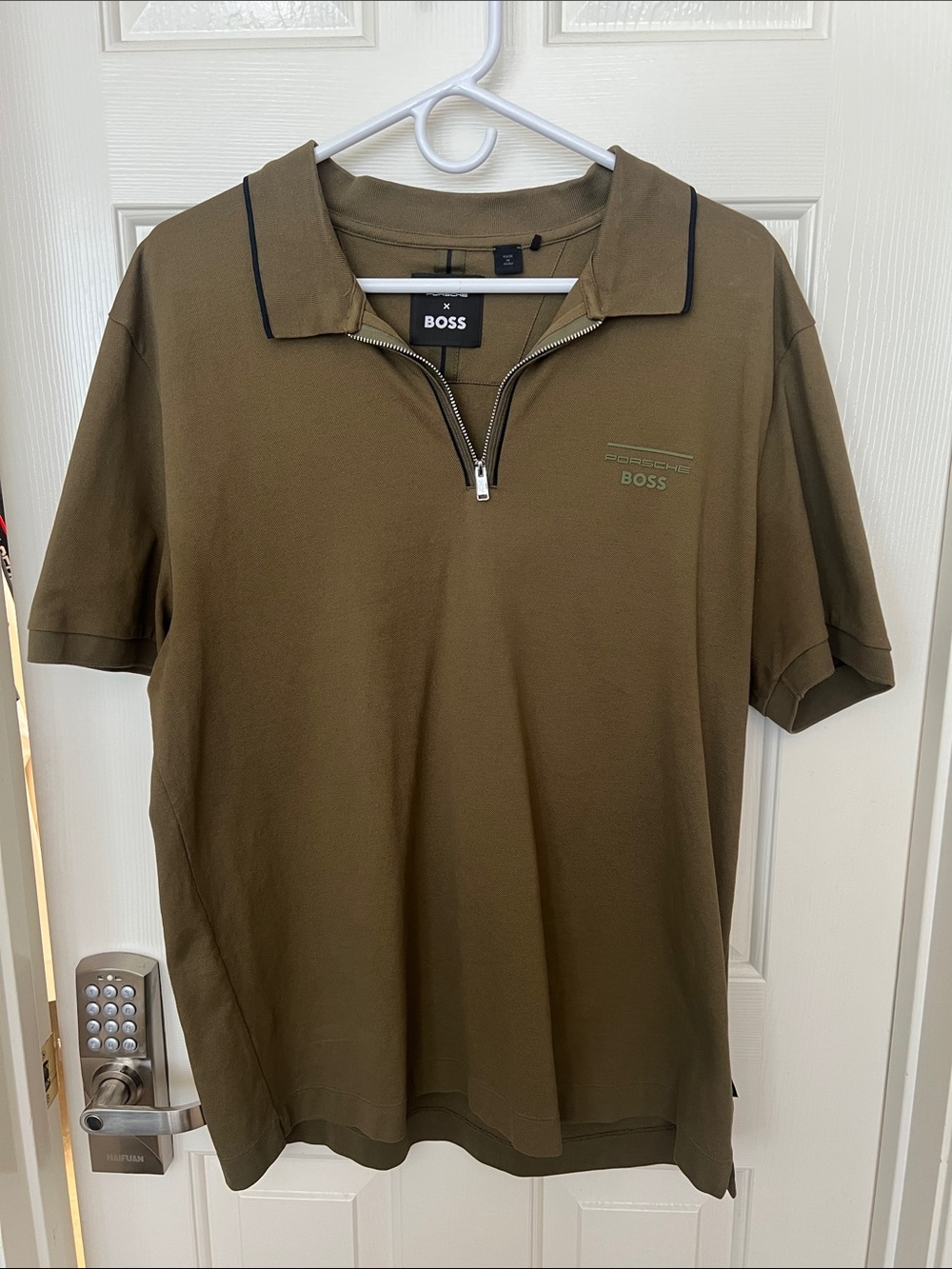 Porsche X BOSS Olive Green Half-Zip Polo with Contrast Trim
